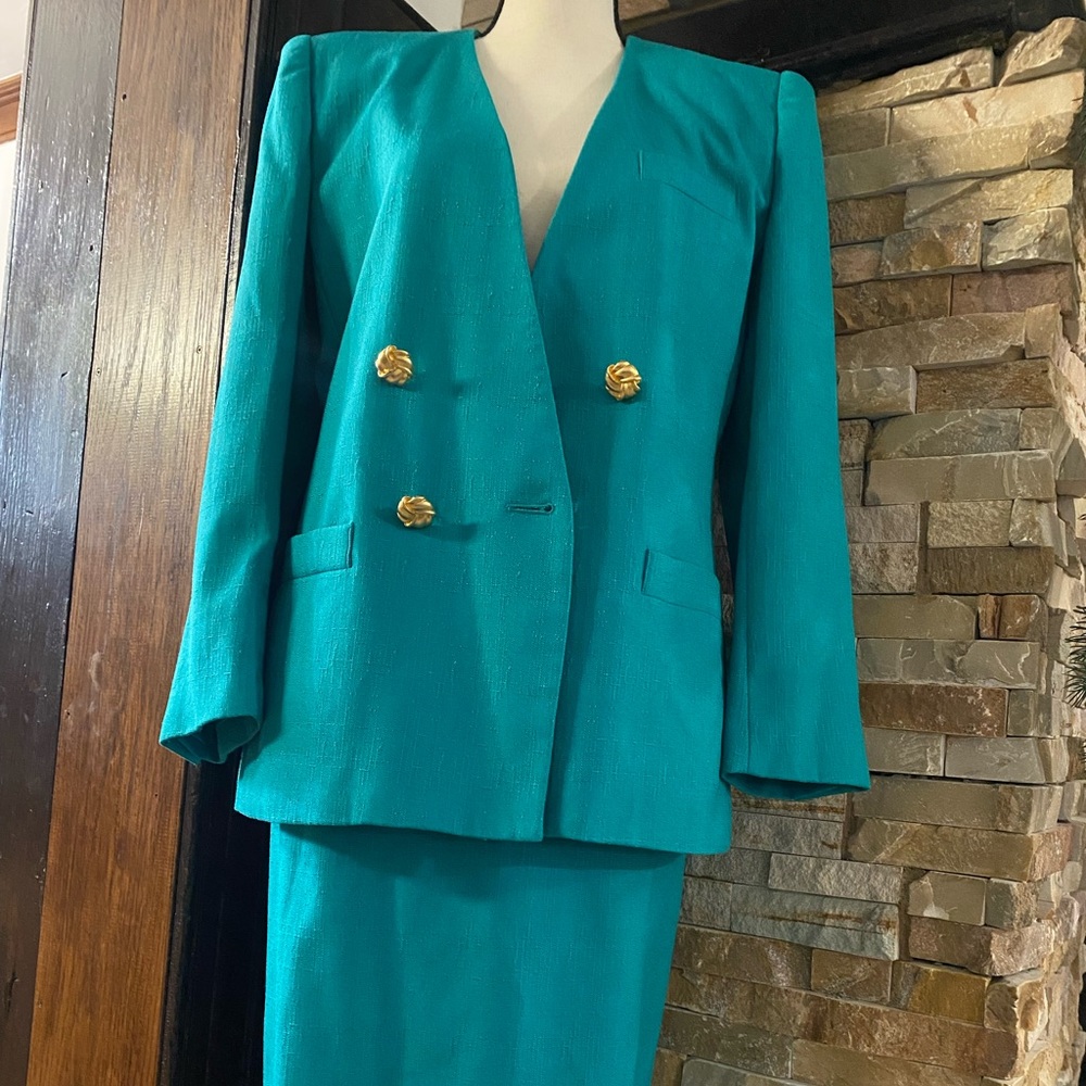 2 piece teal skirt suit